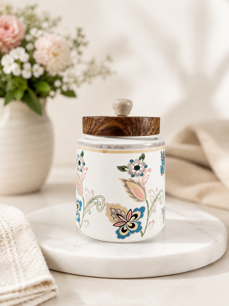 White Flora Ceramic container with wooden lid