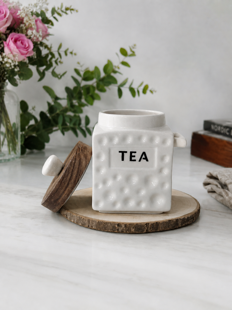 White Tea Container with wooden lid