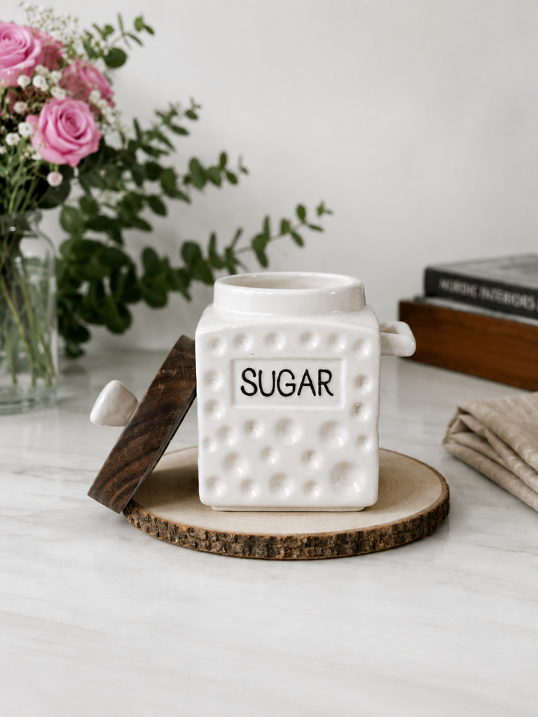 White Sugar ceramic container with Wooden lid