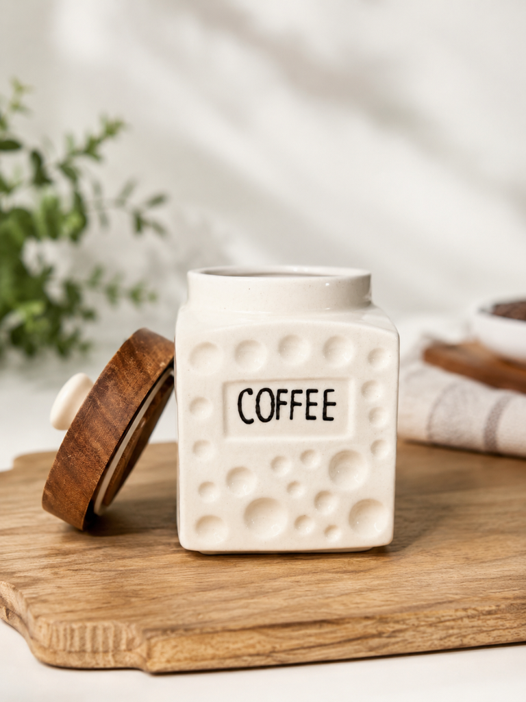 White Ceramic Coffee container with Wooden lid